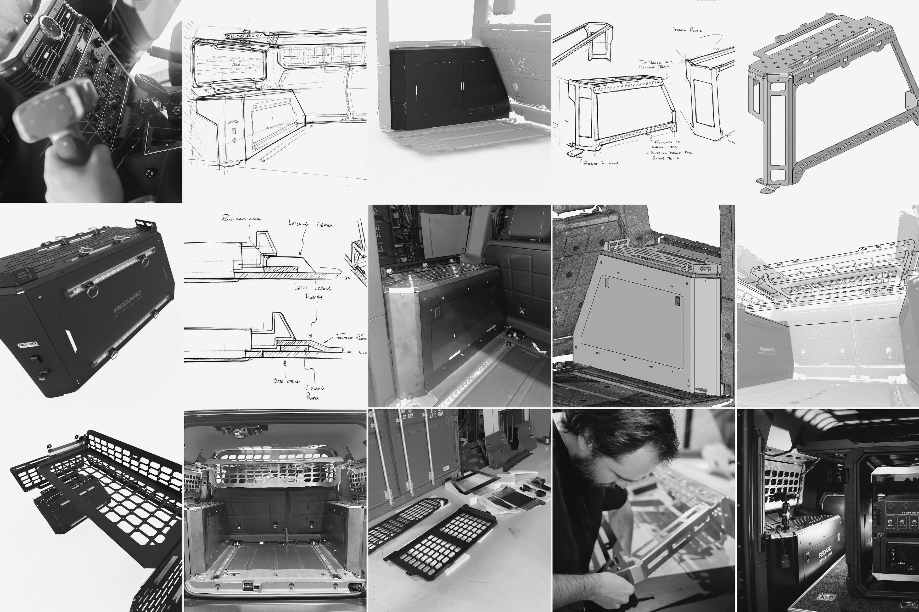 Grid collage of design sketches, prototypes and fit-out photos from a vehicle build