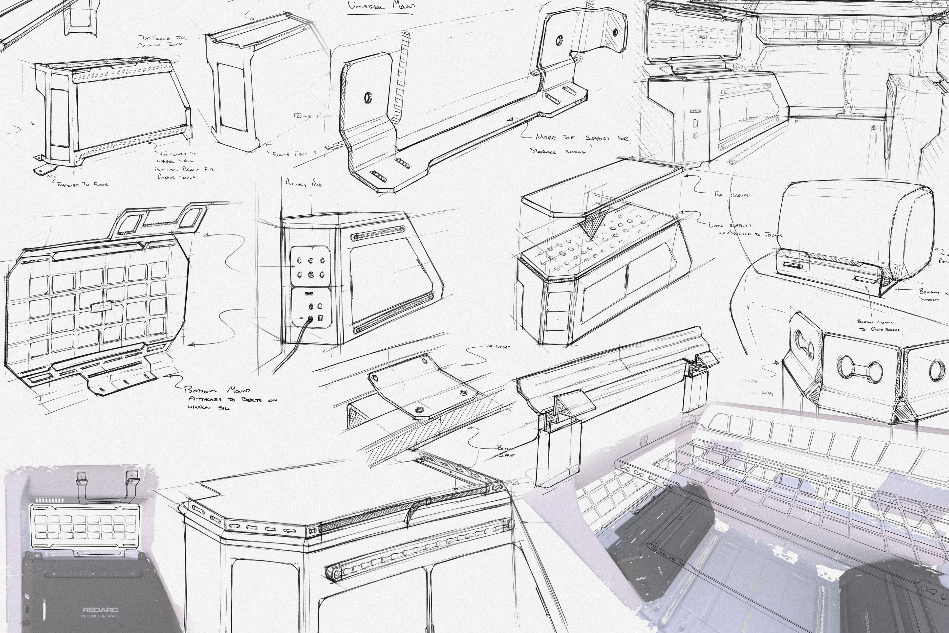 Industrial design concept sketches of vehicle-mounted equipment housings and mounting rails