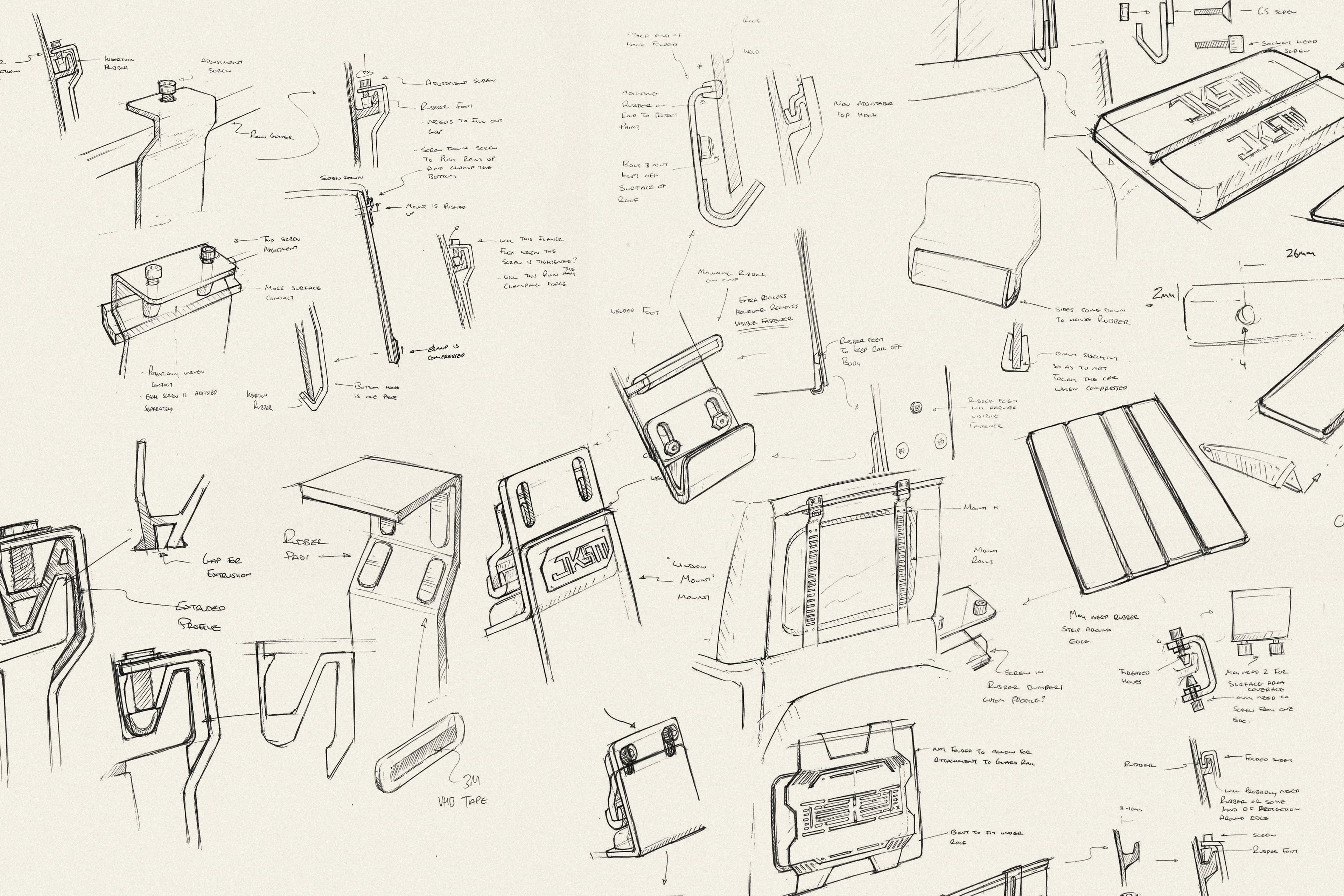 Pencil concept sketches of vehicle mounting brackets and storage panels with handwritten annotations
