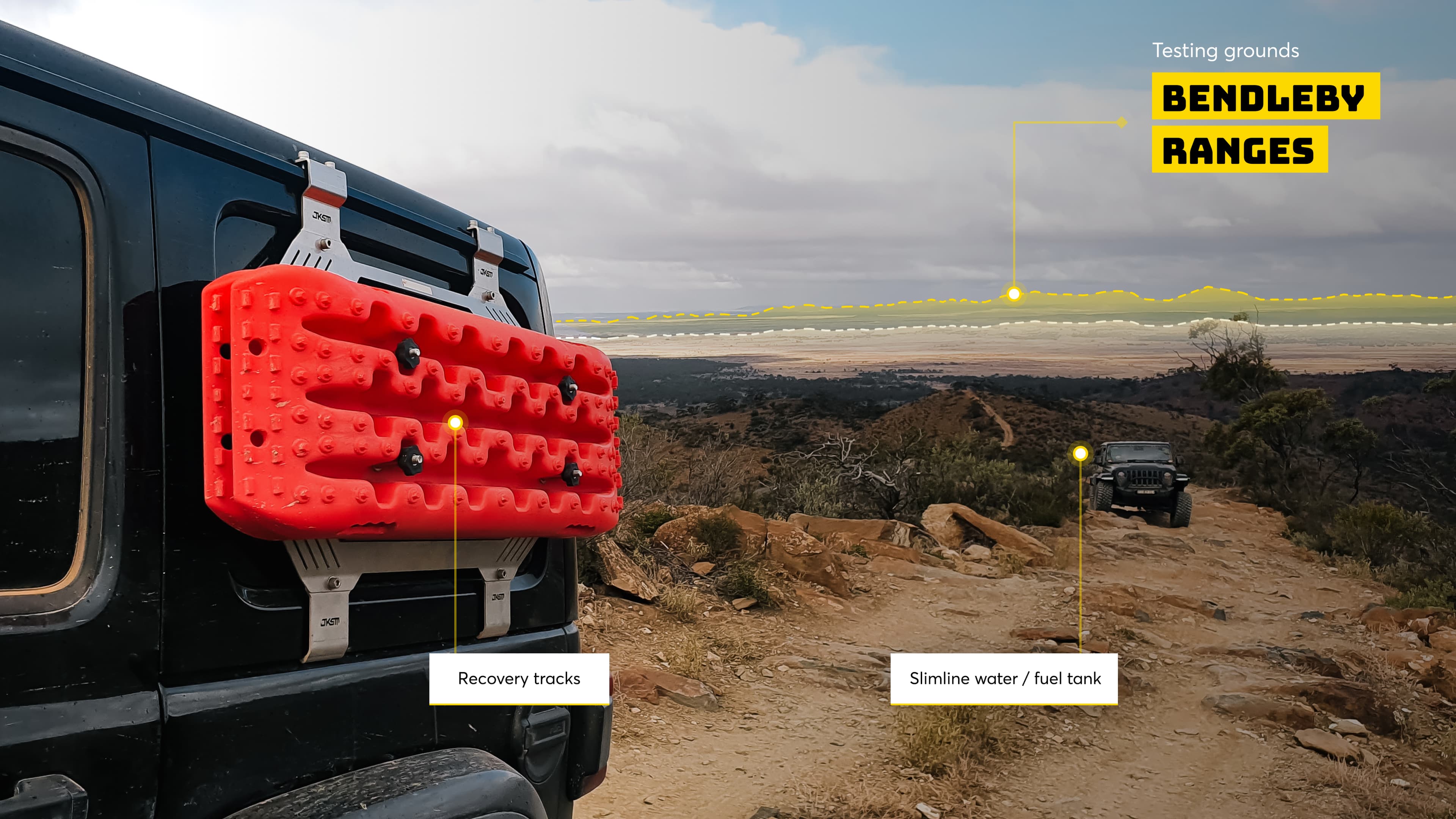 Recovery tracks mounted to a four-wheel drive panel on a ridge trail, labelled Bendleby Ranges