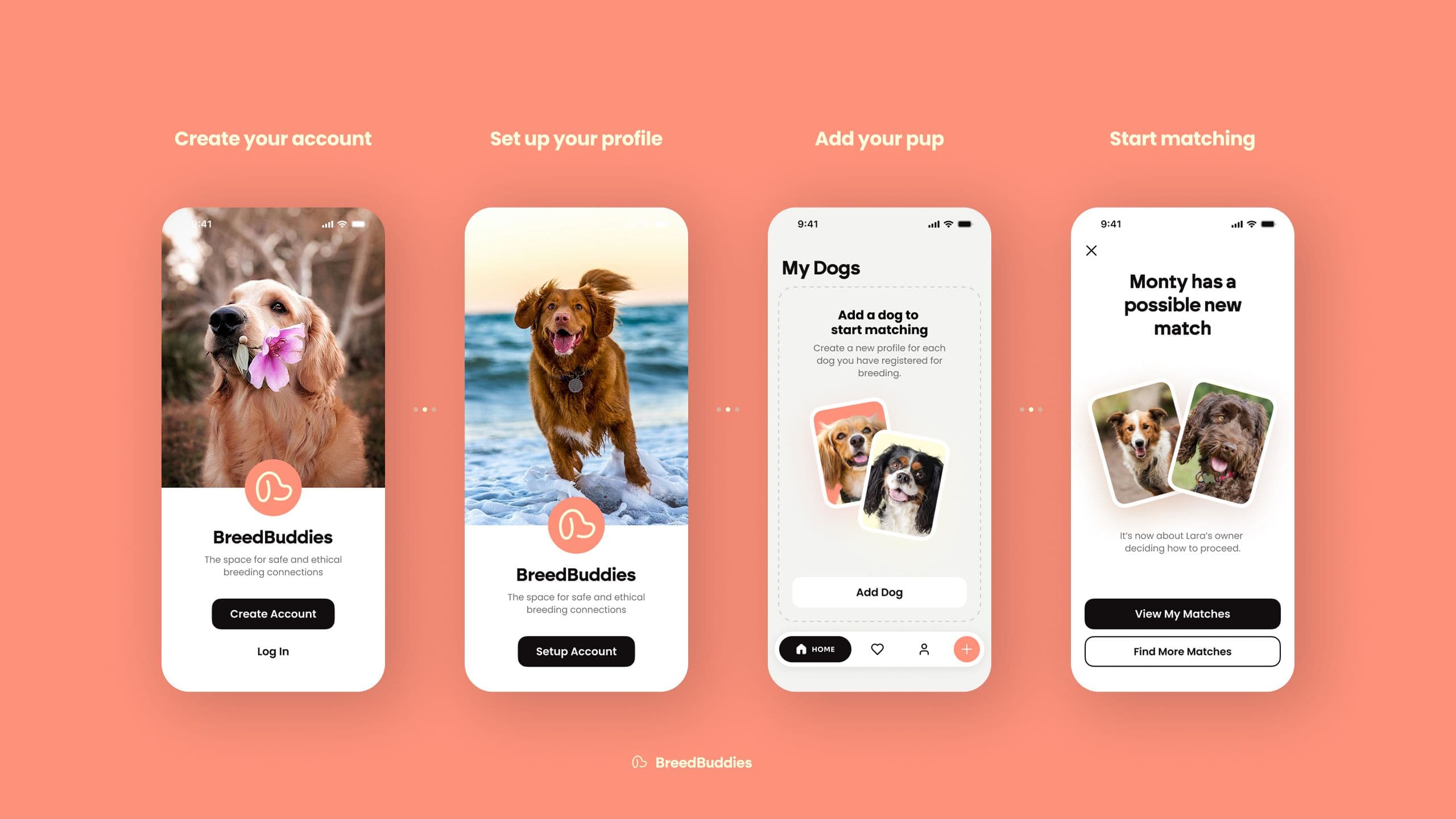 Four-step BreedBuddies onboarding: create account, set up profile, add your dog, start matching