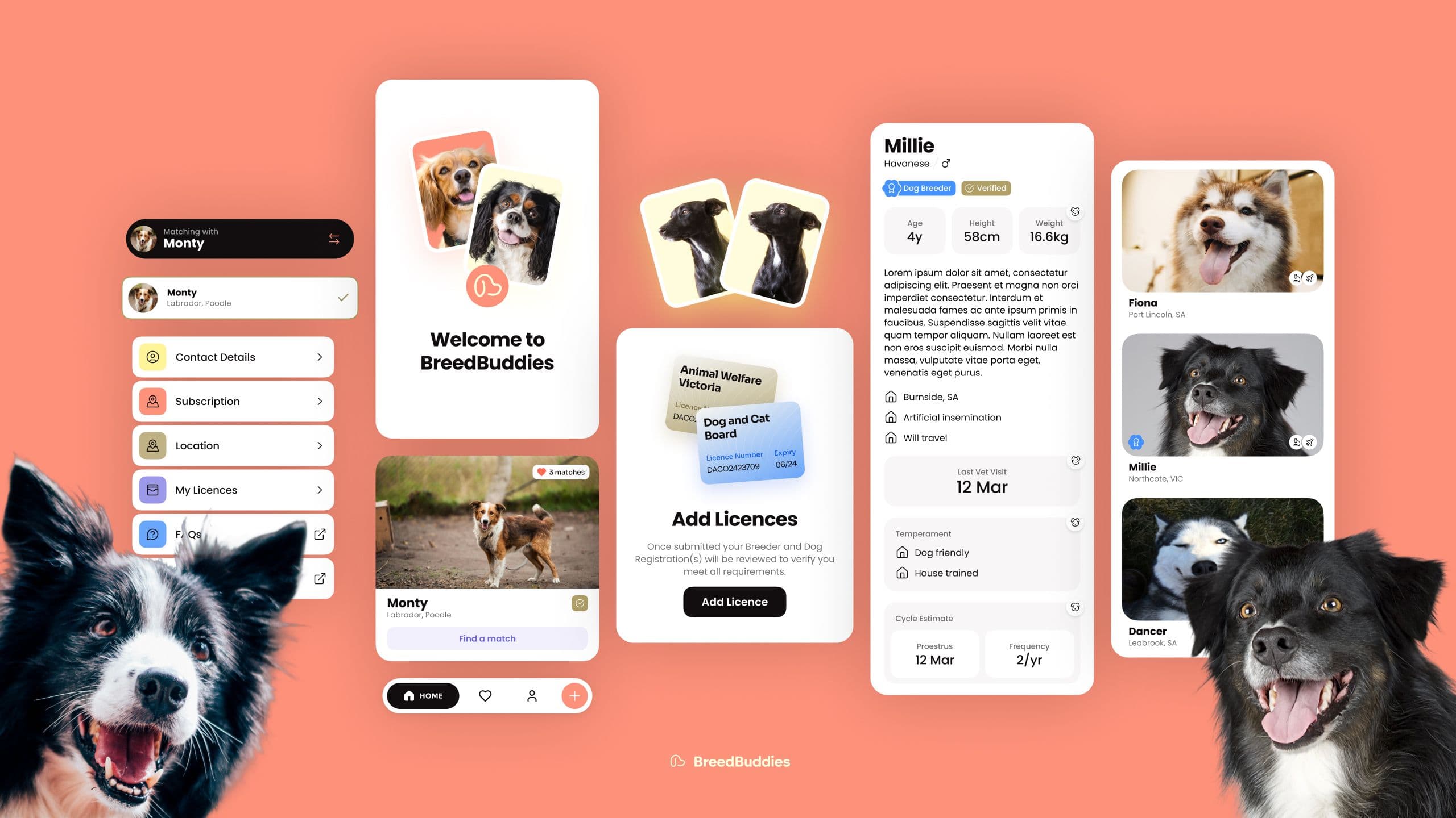 BreedBuddies app screens for pet profiles, licences and health details, framed by two border collies