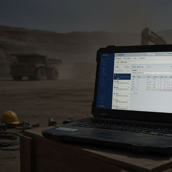 Rugged laptop on a crate at a mine site running fleet configuration software, with a haul truck behind