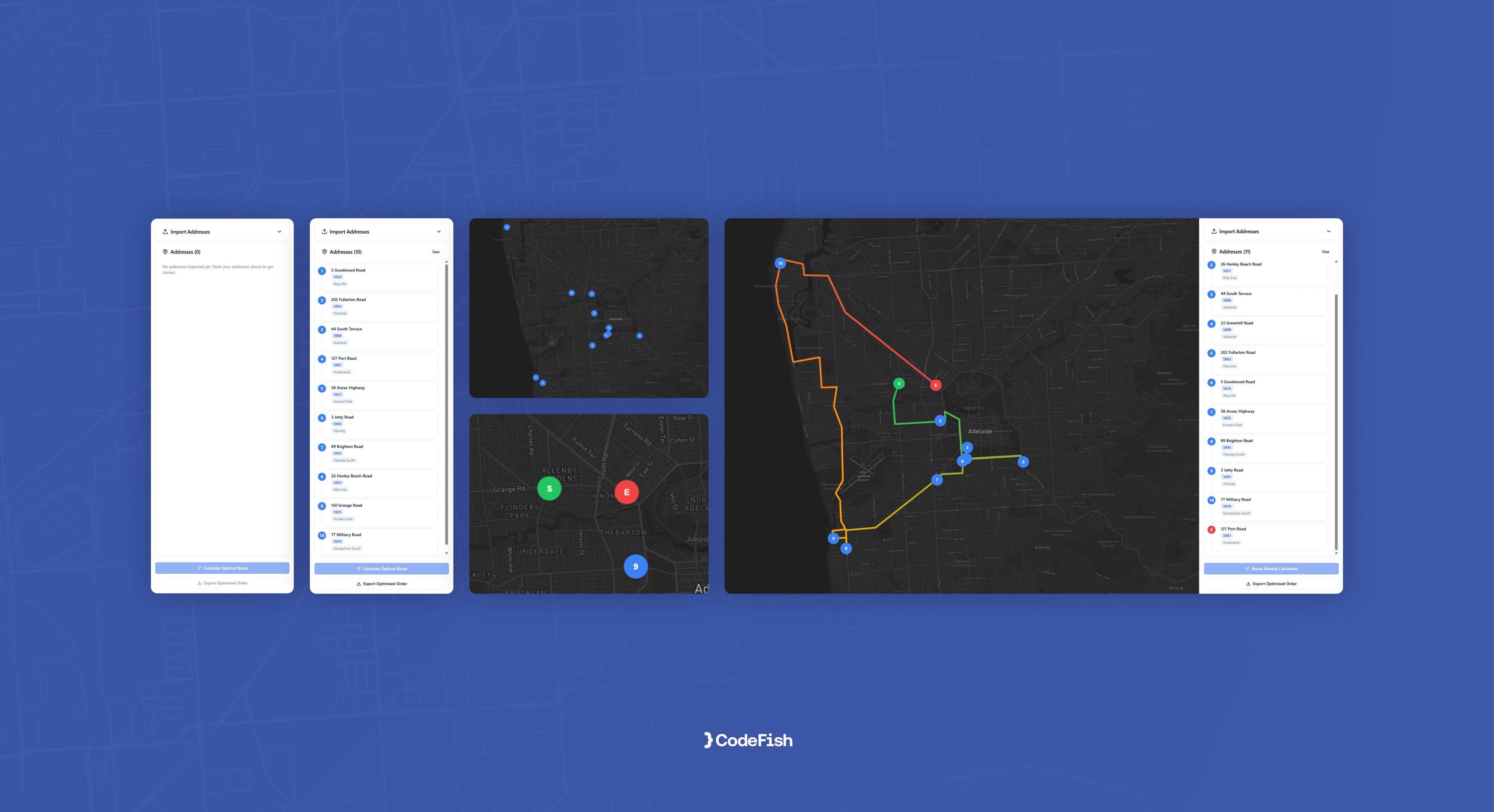 Five route optimisation screens showing address entry, map zoom levels and an optimised delivery route