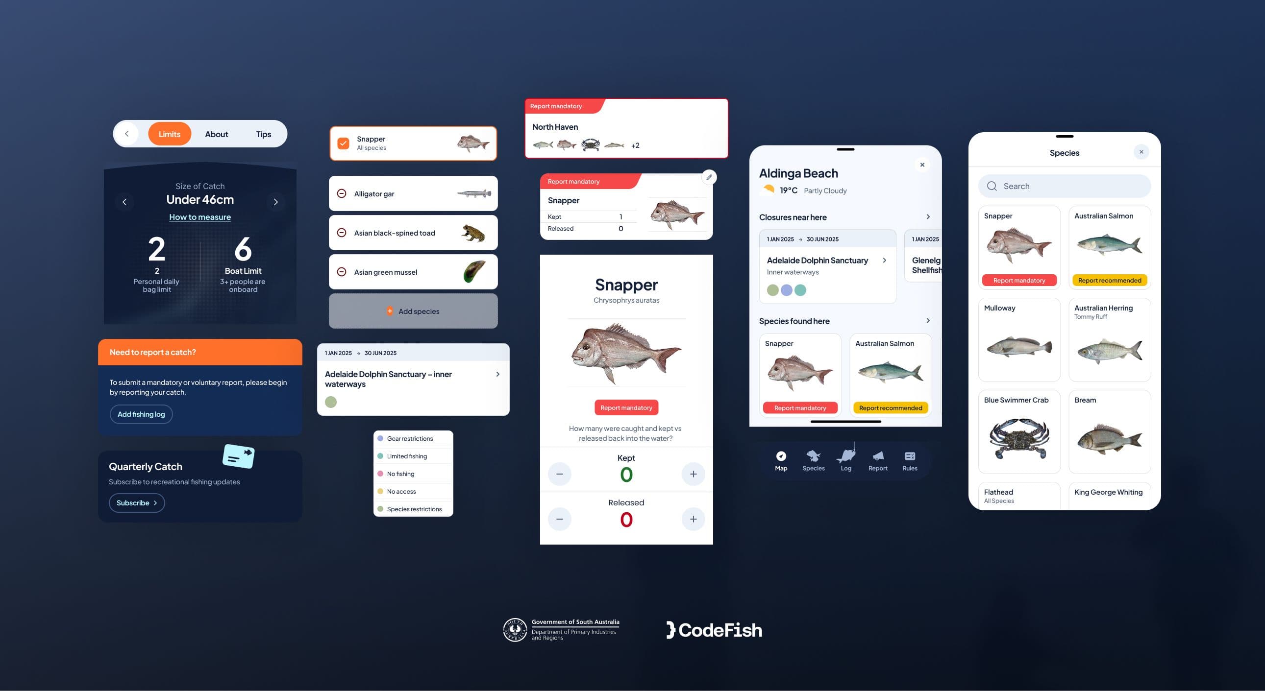 SA Fishing UI components including species cards, catch limits, closures and a snapper detail screen