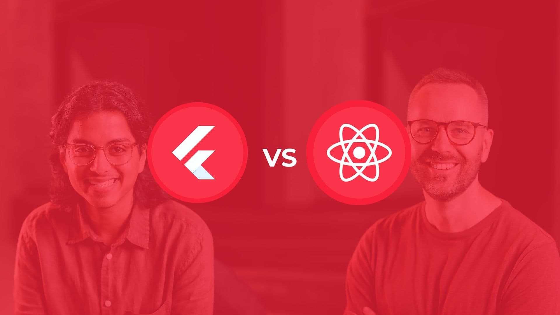 Flutter versus React logos over a red-tinted photo of two smiling people