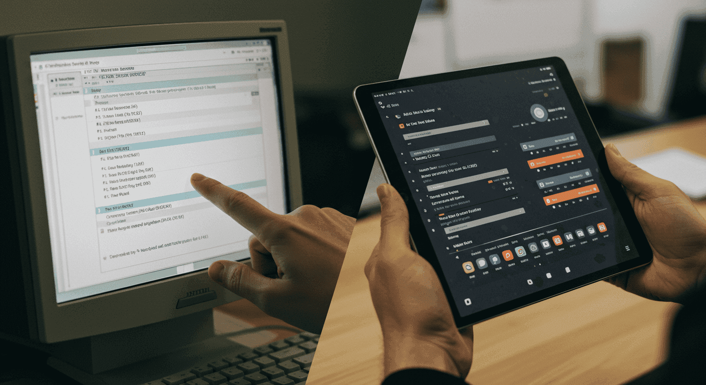 Person pointing at a dated desktop interface beside a redesigned dark tablet app