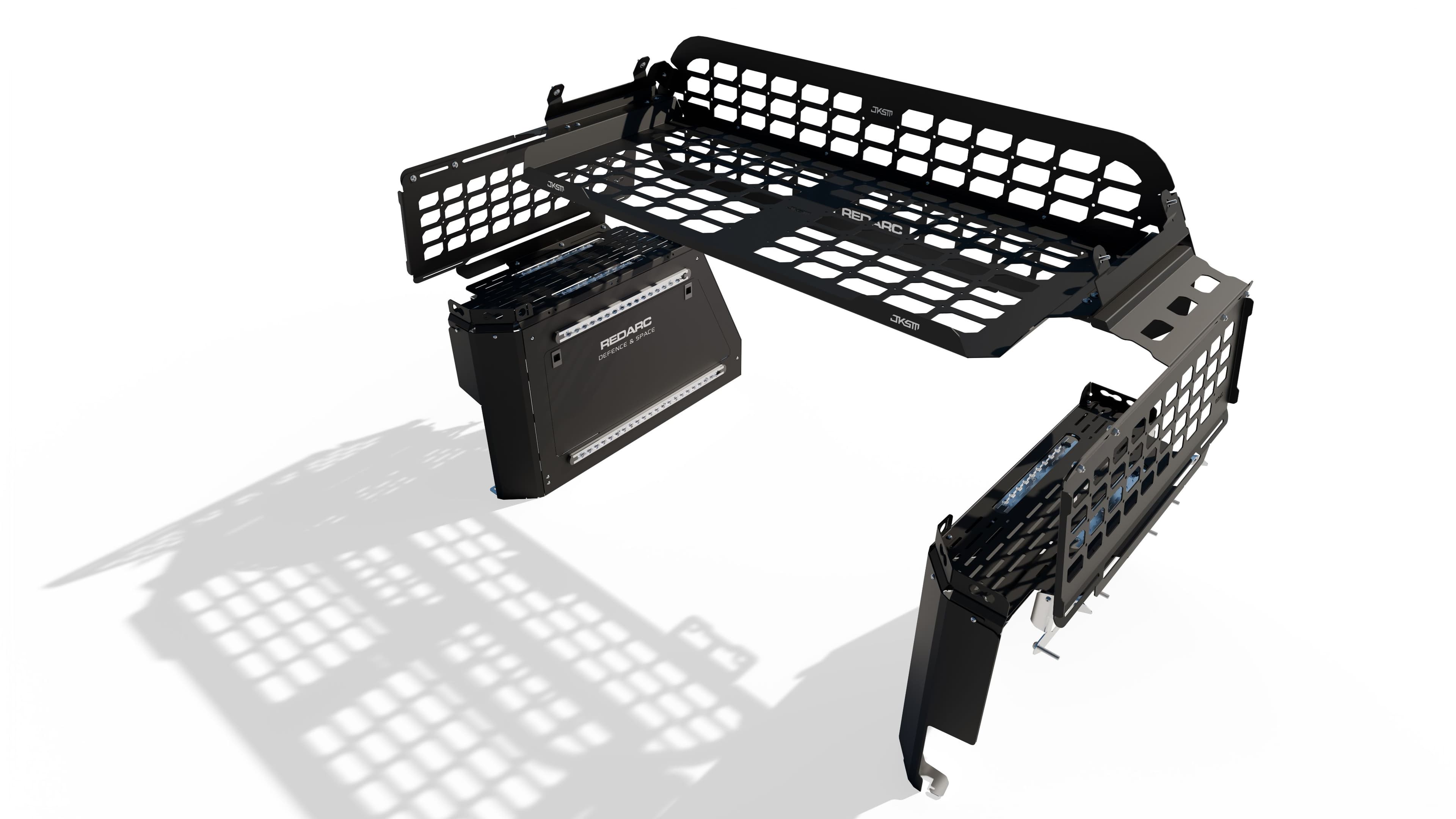 Exploded view of a modular black off-road storage rack system with a hard case module